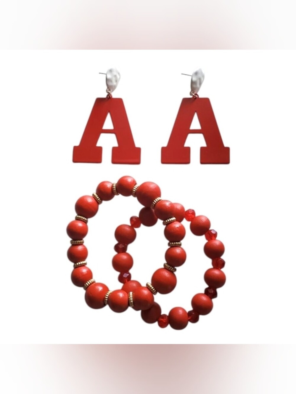 Red Initial Earrings and Bracelet Set